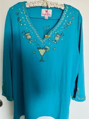 NWOT Quacker Factory Turquoise Sequin Embellished Top